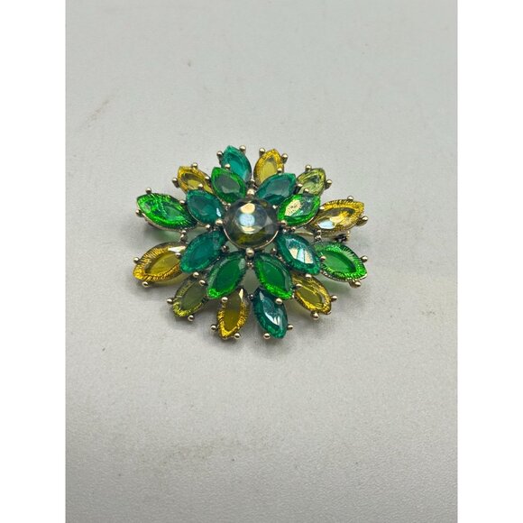 Signed MONET Green & Yellow Rhinestones Flower Acrylic Flatback Stones Gold Tone - Picture 4 of 6